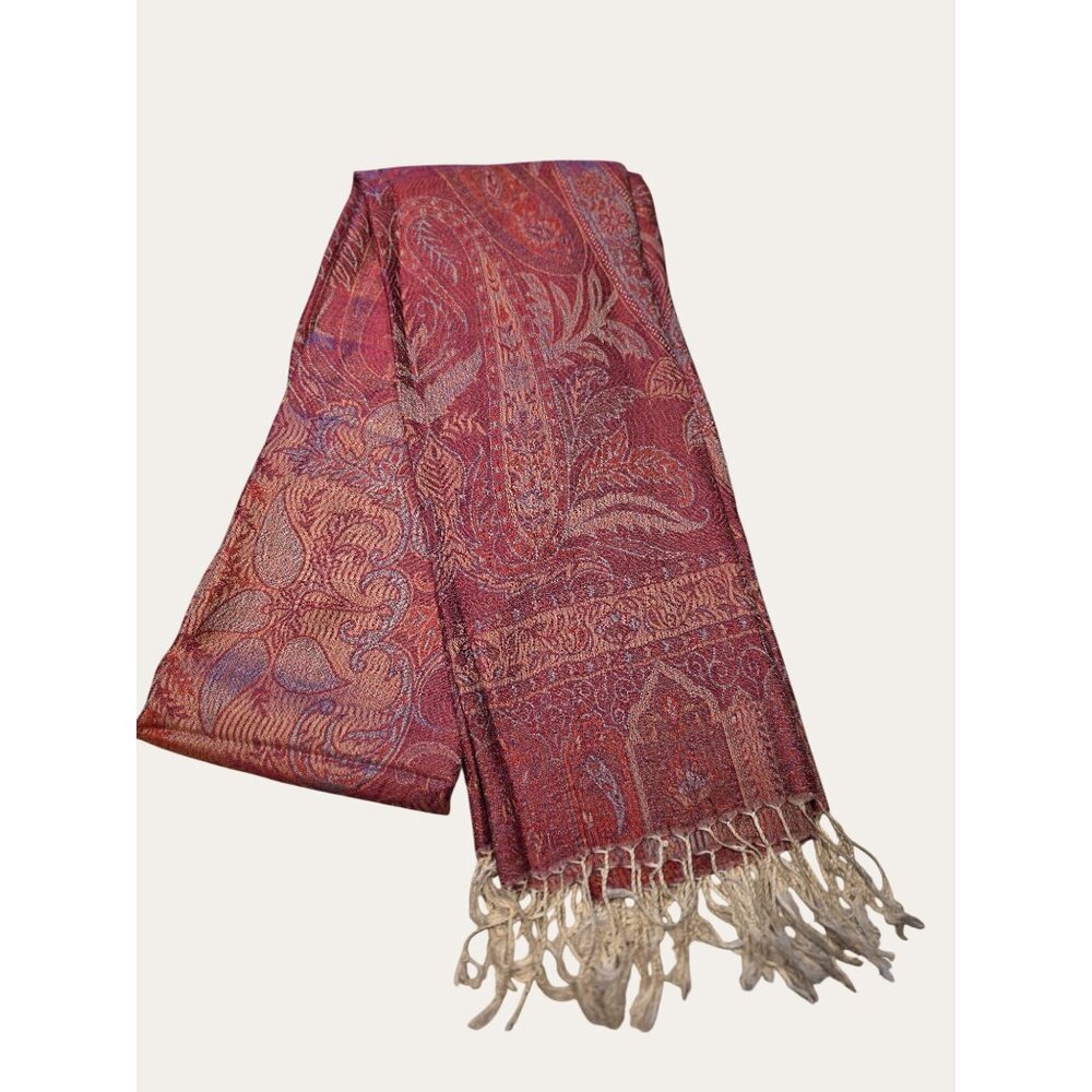 Red & Purple Paisley Pattern Woven Shawl/Scarf With Fringe